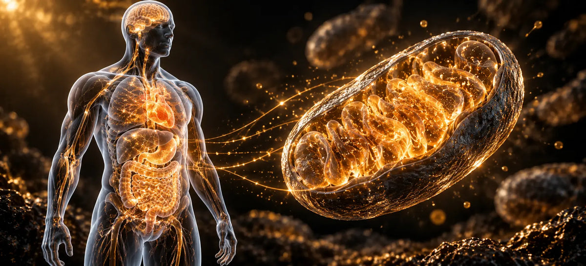 Illustration du métabolisme basal montrant les organes du corps humain et une mitochondrie en lumière dorée
